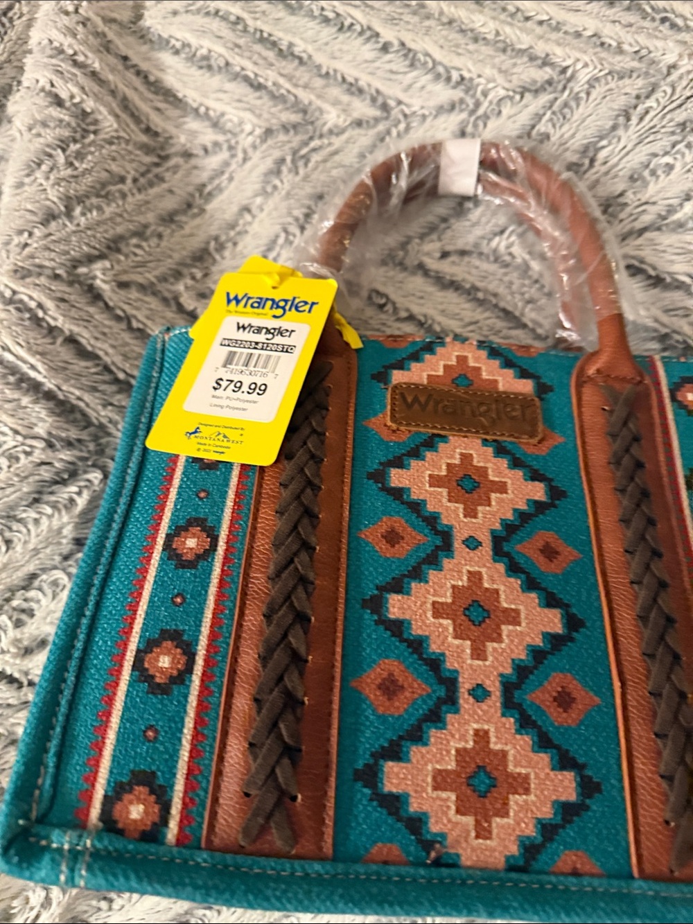 Wrangler Turquoise Aztec Tote with Brown Braided Trim